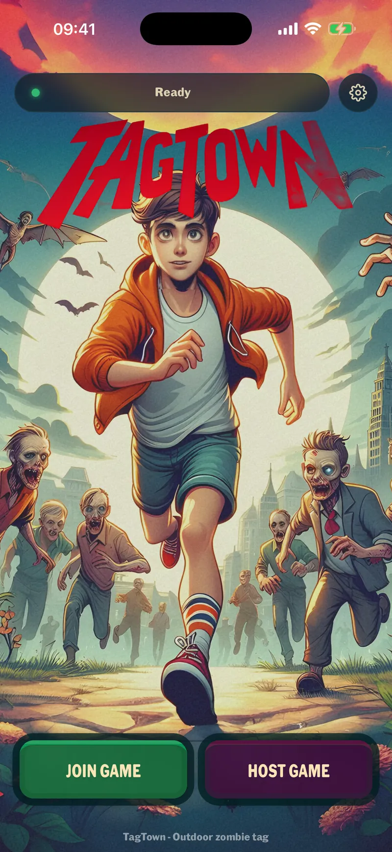TagTown home screen: a boy in an orange hoodie runs from a pack of zombies at dusk, with Join Game and Host Game buttons.