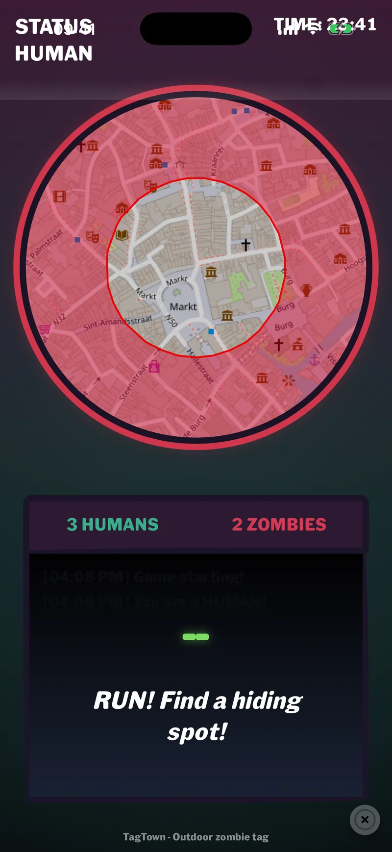 TagTown in-game screen as a human: map, timer and a count of 3 humans and 2 zombies.